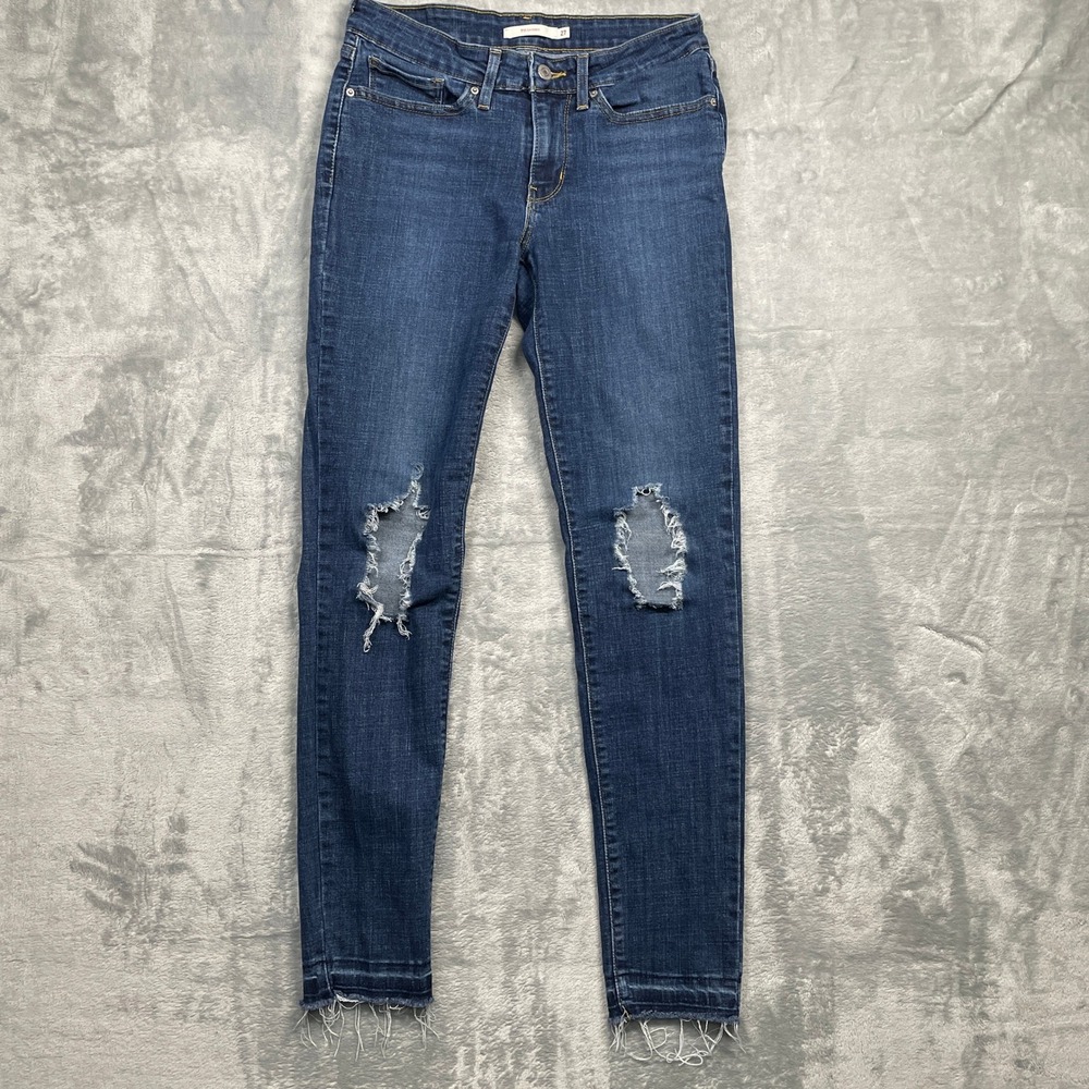 Levi's 711 Skinny Jeans‎ Womens 27 Blue Distressed Ripped Knee Raw Hem Mid Rise
